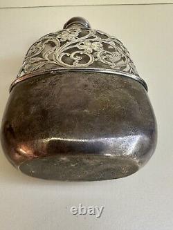 Antique Sterling Silver Overlay And Glass 2 Piece Flask