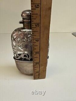 Antique Sterling Silver Overlay And Glass 2 Piece Flask