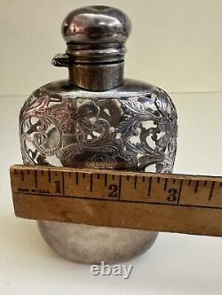 Antique Sterling Silver Overlay And Glass 2 Piece Flask