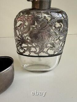 Antique Sterling Silver Overlay And Glass 2 Piece Flask