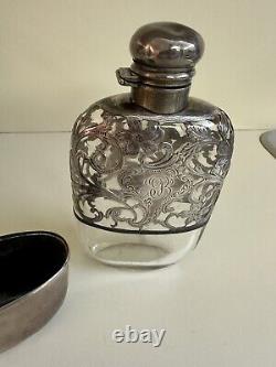 Antique Sterling Silver Overlay And Glass 2 Piece Flask