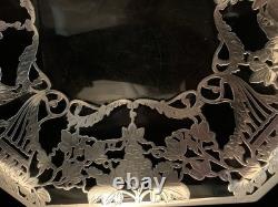 Antique Sterling Silver Overlay Glass Dish Charger Octagon Floral Design