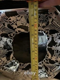 Antique Sterling Silver Overlay Glass Dish Charger Octagon Floral Design