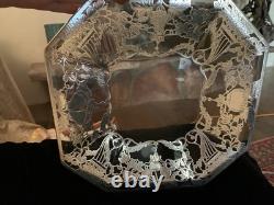 Antique Sterling Silver Overlay Glass Dish Charger Octagon Floral Design