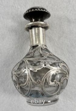 Antique Sterling Silver Overlay Glass Perfume Bottle Sterling Art Nouveau Empty