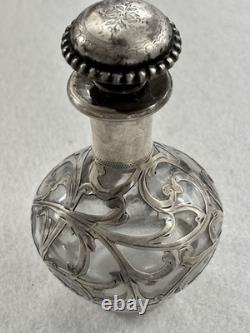 Antique Sterling Silver Overlay Glass Perfume Bottle Sterling Art Nouveau Empty