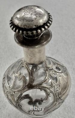 Antique Sterling Silver Overlay Glass Perfume Bottle Sterling Art Nouveau Empty