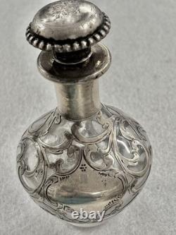 Antique Sterling Silver Overlay Glass Perfume Bottle Sterling Art Nouveau Empty