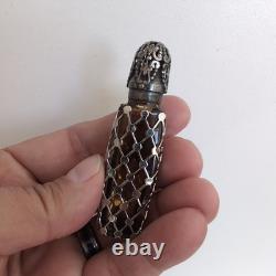 Antique Sterling Silver Overlay Perfume Bottle Amber Glass Ornate Pierced Cap