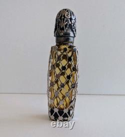 Antique Sterling Silver Overlay Perfume Bottle Amber Glass Ornate Pierced Cap
