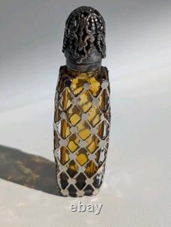 Antique Sterling Silver Overlay Perfume Bottle Amber Glass Ornate Pierced Cap