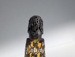 Antique Sterling Silver Overlay Perfume Bottle Amber Glass Ornate Pierced Cap
