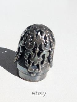 Antique Sterling Silver Overlay Perfume Bottle Amber Glass Ornate Pierced Cap