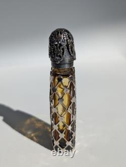 Antique Sterling Silver Overlay Perfume Bottle Amber Glass Ornate Pierced Cap