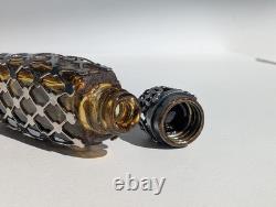 Antique Sterling Silver Overlay Perfume Bottle Amber Glass Ornate Pierced Cap
