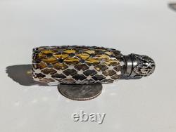 Antique Sterling Silver Overlay Perfume Bottle Amber Glass Ornate Pierced Cap