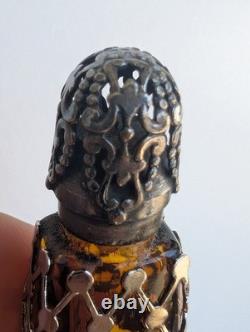 Antique Sterling Silver Overlay Perfume Bottle Amber Glass Ornate Pierced Cap