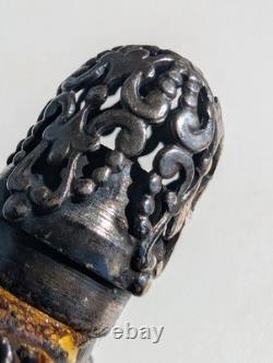 Antique Sterling Silver Overlay Perfume Bottle Amber Glass Ornate Pierced Cap