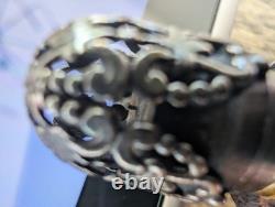 Antique Sterling Silver Overlay Perfume Bottle Amber Glass Ornate Pierced Cap
