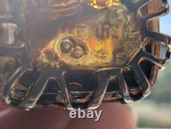 Antique Sterling Silver Overlay Perfume Bottle Amber Glass Ornate Pierced Cap
