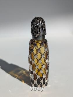 Antique Sterling Silver Overlay Perfume Bottle Amber Glass Ornate Pierced Cap