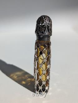 Antique Sterling Silver Overlay Perfume Bottle Amber Glass Ornate Pierced Cap