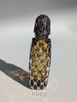 Antique Sterling Silver Overlay Perfume Bottle Amber Glass Ornate Pierced Cap