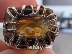 Antique Sterling Silver Overlay Perfume Bottle Amber Glass Ornate Pierced Cap