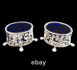 Antique Sterling Silver Pair Salts with Blue Glass Liners (1898) Oetzmann & Co