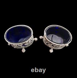 Antique Sterling Silver Pair Salts with Blue Glass Liners (1898) Oetzmann & Co