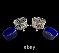 Antique Sterling Silver Pair Salts with Blue Glass Liners (1898) Oetzmann & Co