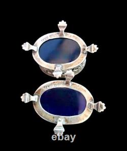 Antique Sterling Silver Pair Salts with Blue Glass Liners (1898) Oetzmann & Co