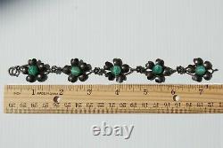 Antique Sterling Silver Pansy Flower Czech Jade Glass Cabochon Jewel Bracelet