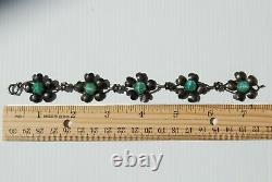 Antique Sterling Silver Pansy Flower Czech Jade Glass Cabochon Jewel Bracelet