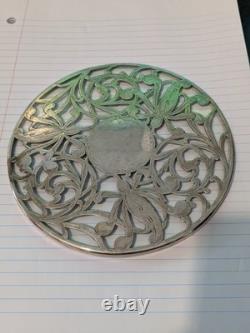 Antique Sterling Silver Pierced Floral Overlay Glass Trivet Wine Coaster