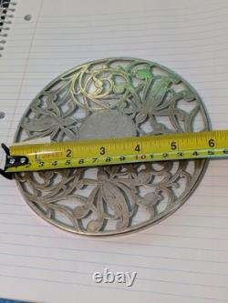 Antique Sterling Silver Pierced Floral Overlay Glass Trivet Wine Coaster