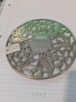 Antique Sterling Silver Pierced Floral Overlay Glass Trivet Wine Coaster