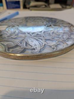 Antique Sterling Silver Pierced Floral Overlay Glass Trivet Wine Coaster