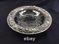 Antique Sterling Silver Repousse And Cut Glass Dish