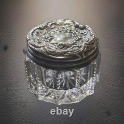 Antique Sterling Silver Repoussé Vanity Jar Art Nouveau Floral Lid Cut/Press