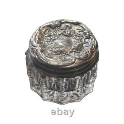 Antique Sterling Silver Repoussé Vanity Jar Art Nouveau Floral Lid Cut/Press