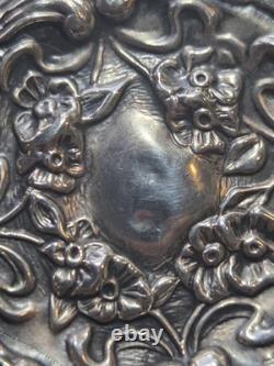 Antique Sterling Silver Repoussé Vanity Jar Art Nouveau Floral Lid Cut/Press