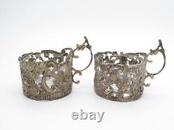 Antique Sterling Silver Reticulated Repousse Tea Cup Glass Holders, London 1908