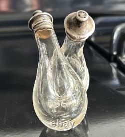 Antique Sterling Silver Salt & pepper Conjoined Bottle Blown Glass Unique