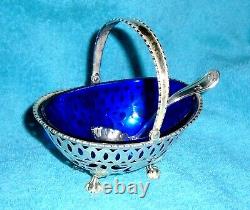 Antique Sterling Silver Serving Dish & Cobalt Glass with Sterling Silver Spoon