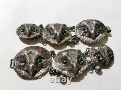 Antique Sterling Silver Six Owl Clasp Buckle Fastener Blue Glass Eyes