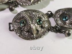 Antique Sterling Silver Six Owl Clasp Buckle Fastener Blue Glass Eyes