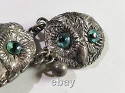 Antique Sterling Silver Six Owl Clasp Buckle Fastener Blue Glass Eyes