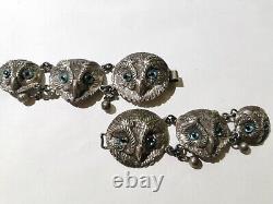 Antique Sterling Silver Six Owl Clasp Buckle Fastener Blue Glass Eyes