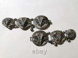 Antique Sterling Silver Six Owl Clasp Buckle Fastener Blue Glass Eyes